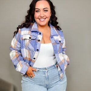 Only worn in try on- Cropped white, lavender and beige jacket. Size XL